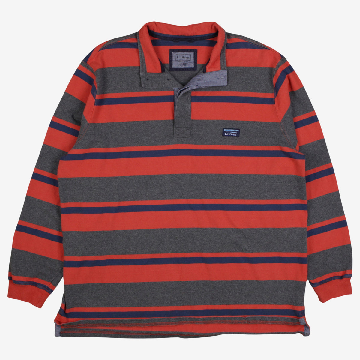 Vintage L.L. Bean Rugby Shirt T-Shirt 2XL Mens Grey 00s Striped Shirt Collar