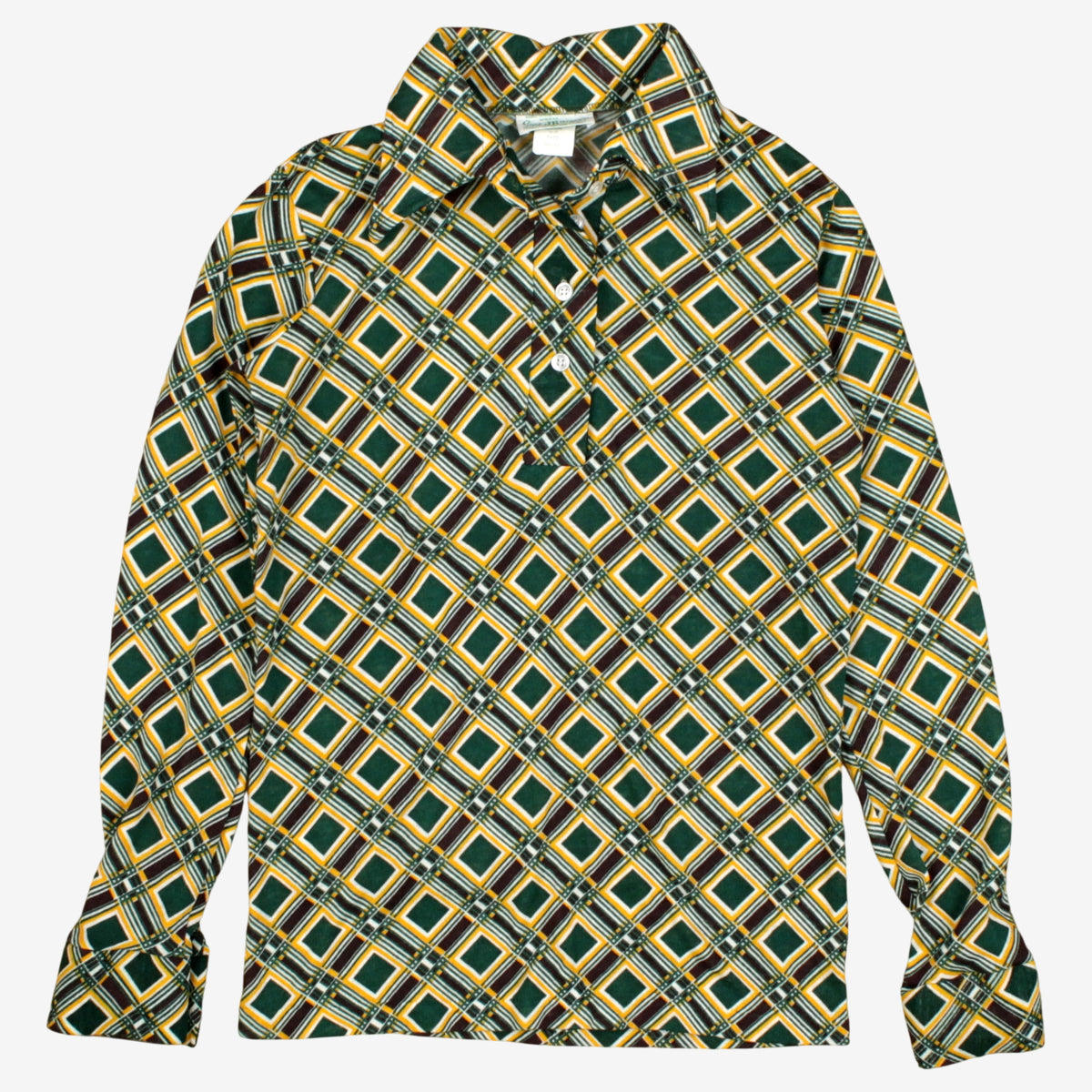 Vintage Sears JR Bazaar Polo Shirt S Mens 70s Green Geometric Retro Mod