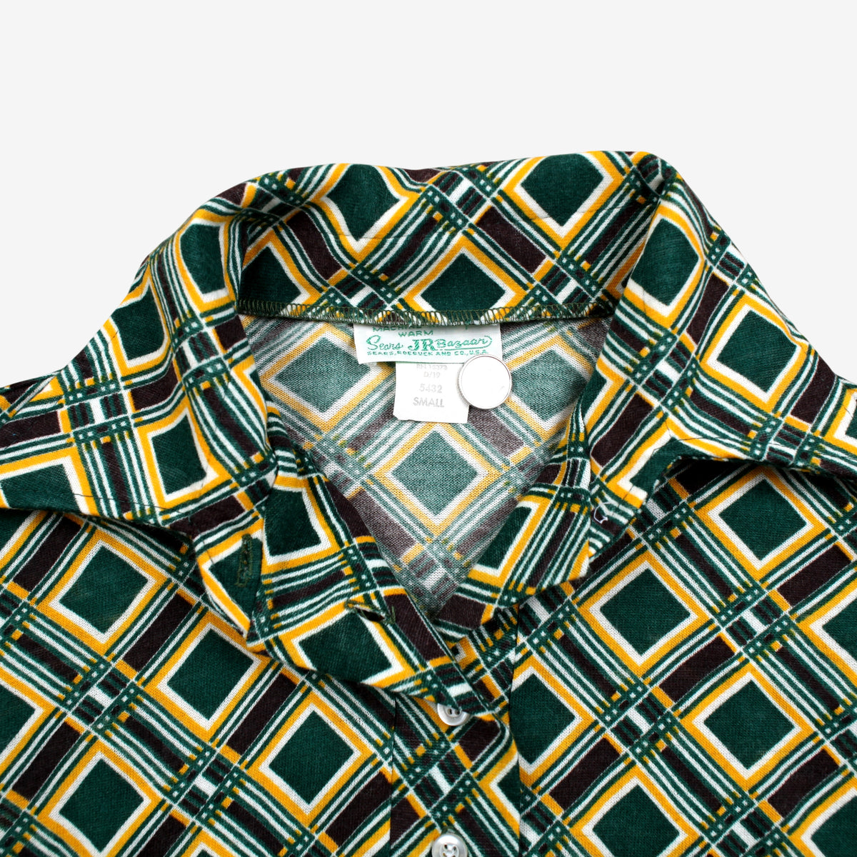Vintage Sears JR Bazaar Polo Shirt S Mens 70s Green Geometric Retro Mod