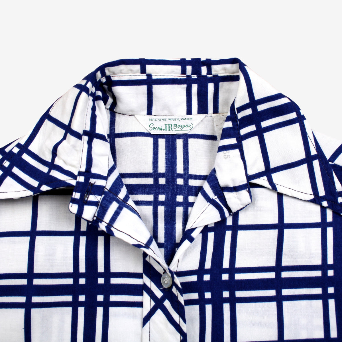 Vintage Sears Jr Bazaar Button Shirt XS Womens 70s Grid Tie Front Disco White
