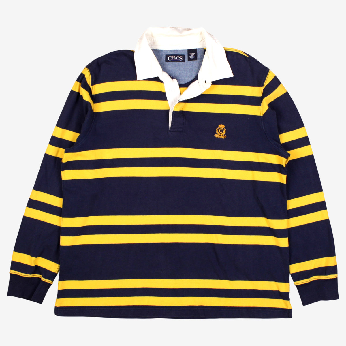 Chaps Rugby Shirt XL Mens 00s Striped Embroidered Logo Blue Long Sleeve