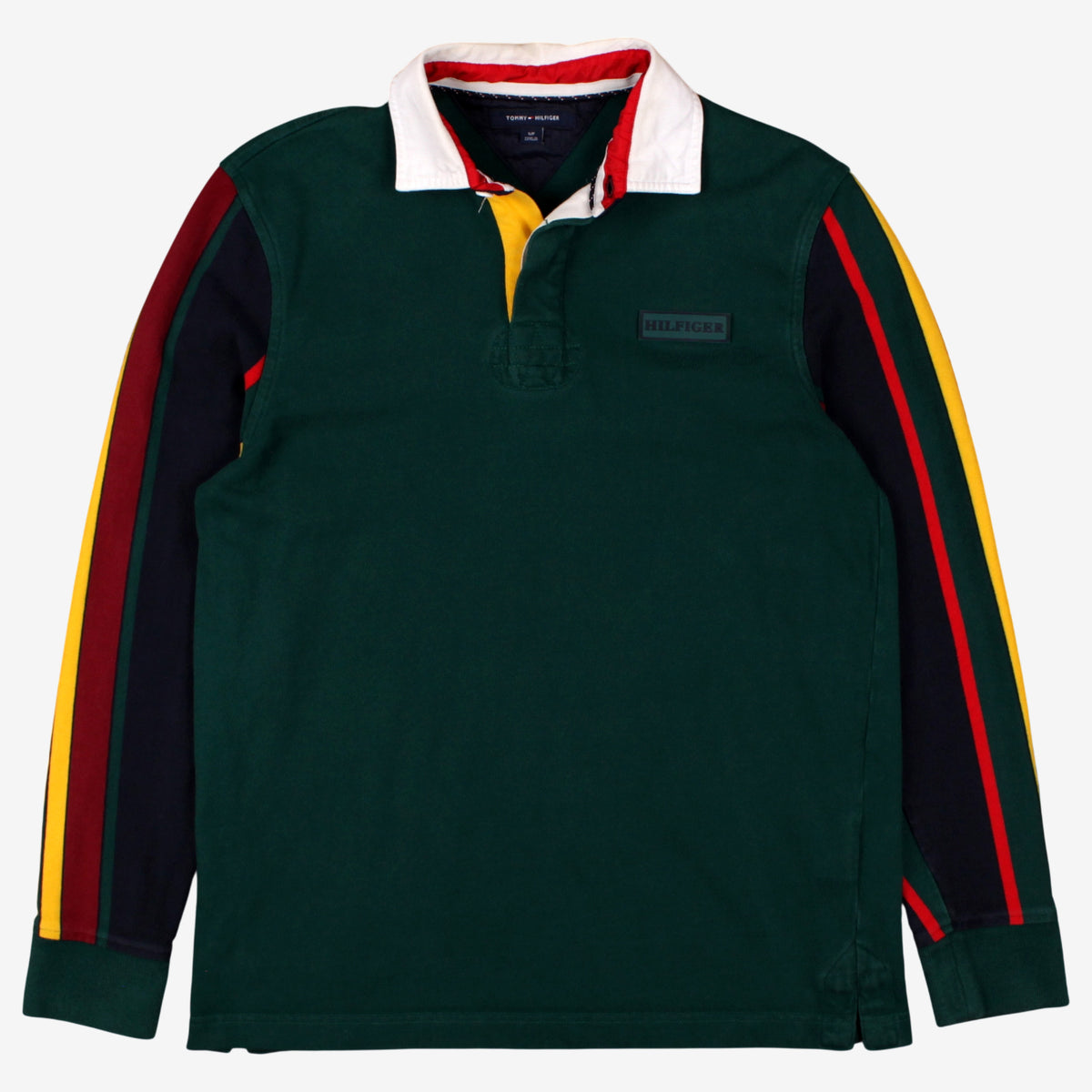 Tommy Hilfiger Rugby Shirt S Mens Green Colourblock Striped Long Sleeve Preppy