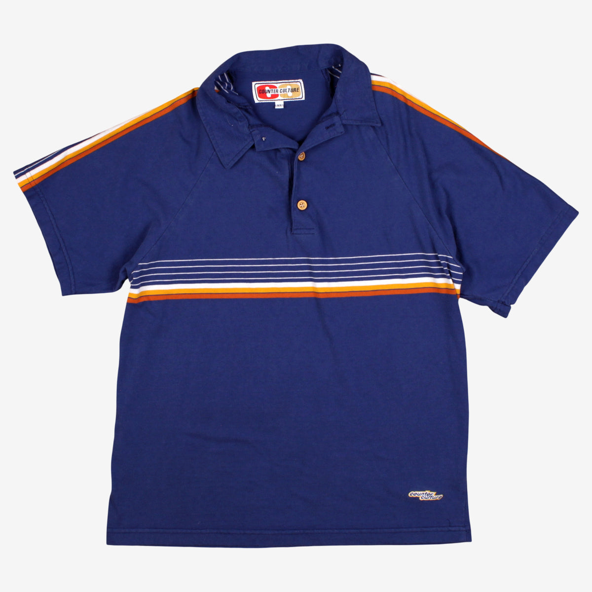 Vintage Counter Culture Polo Shirt XL Mens 80s Blue Striped Raglan Sleeve Preppy