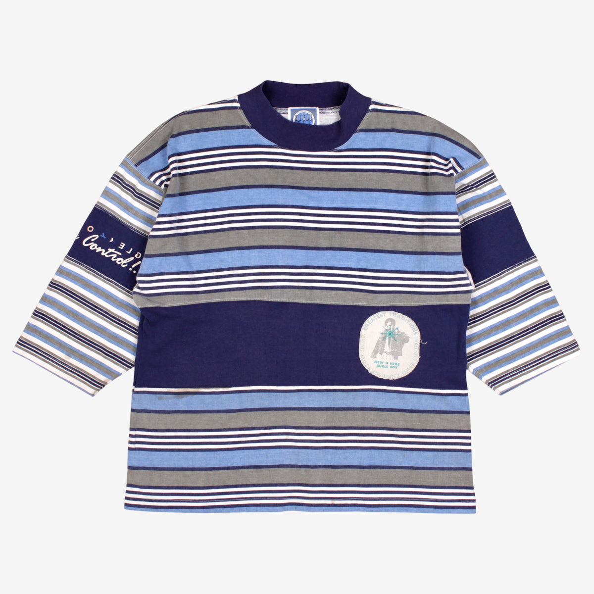 Vintage Bugle Boy Long Sleeve T-Shirt L Mens Blue 90s Striped Mock Neck Pullover