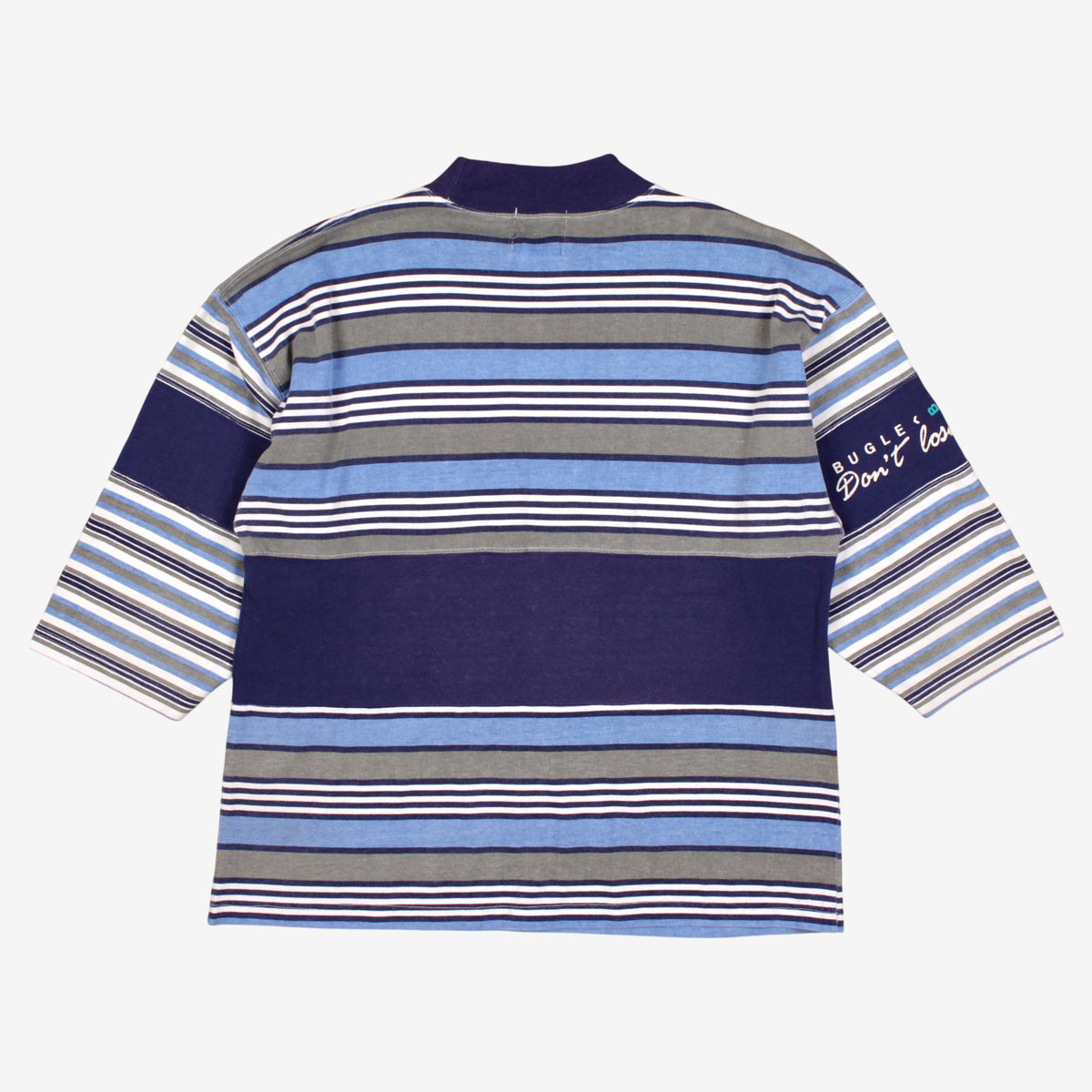 Vintage Bugle Boy Long Sleeve T-Shirt L Mens Blue 90s Striped Mock Neck Pullover