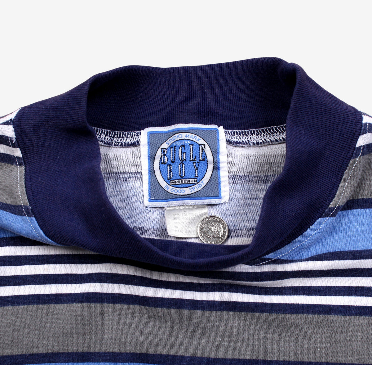 Vintage Bugle Boy Long Sleeve T-Shirt L Mens Blue 90s Striped Mock Neck Pullover