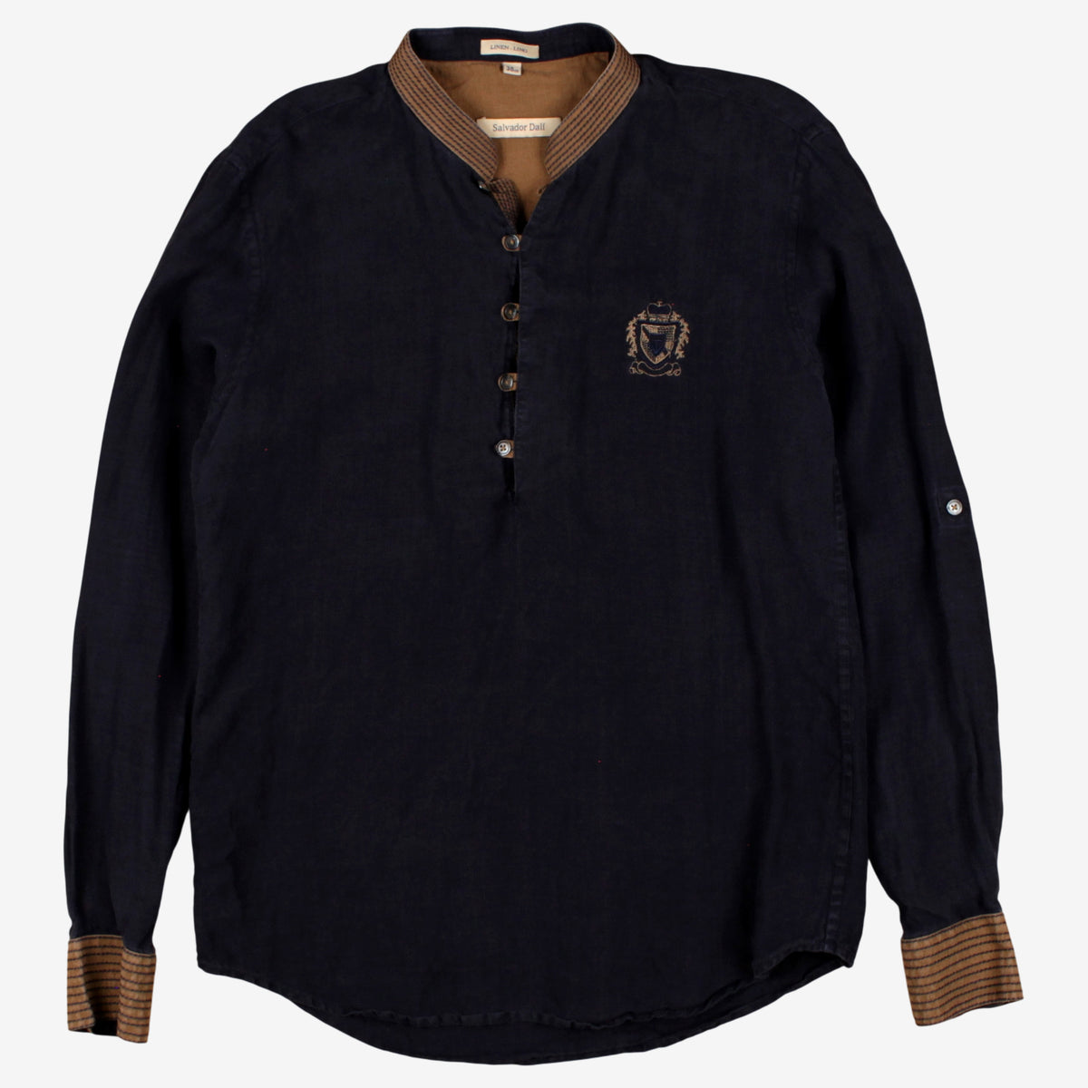 Salvador Dali Polo Shirt 38 Mens Blue 00s Crest Linen Long Sleeve Preppy