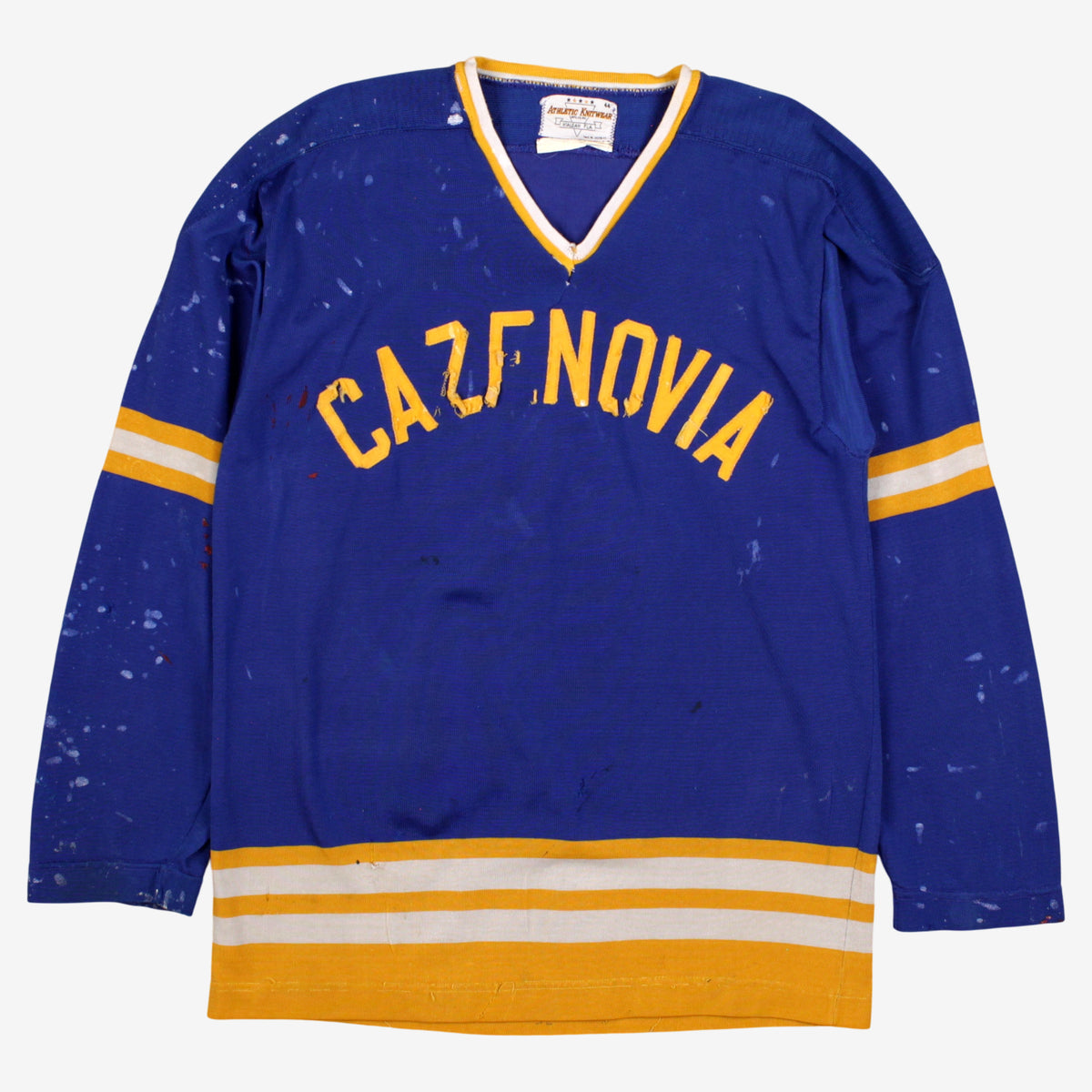 Vintage Athletic Knitwear Jersey T-Shirt 44 Mens 80s Blue Cazenovia Thrashed