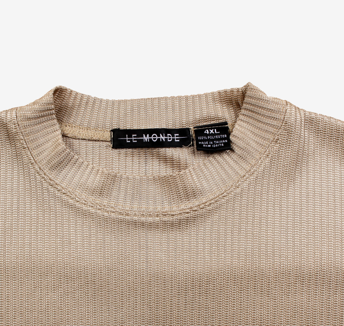Vintage Le Monde T-Shirt 4XL Mens 90s Beige Ribbed Plain Gold