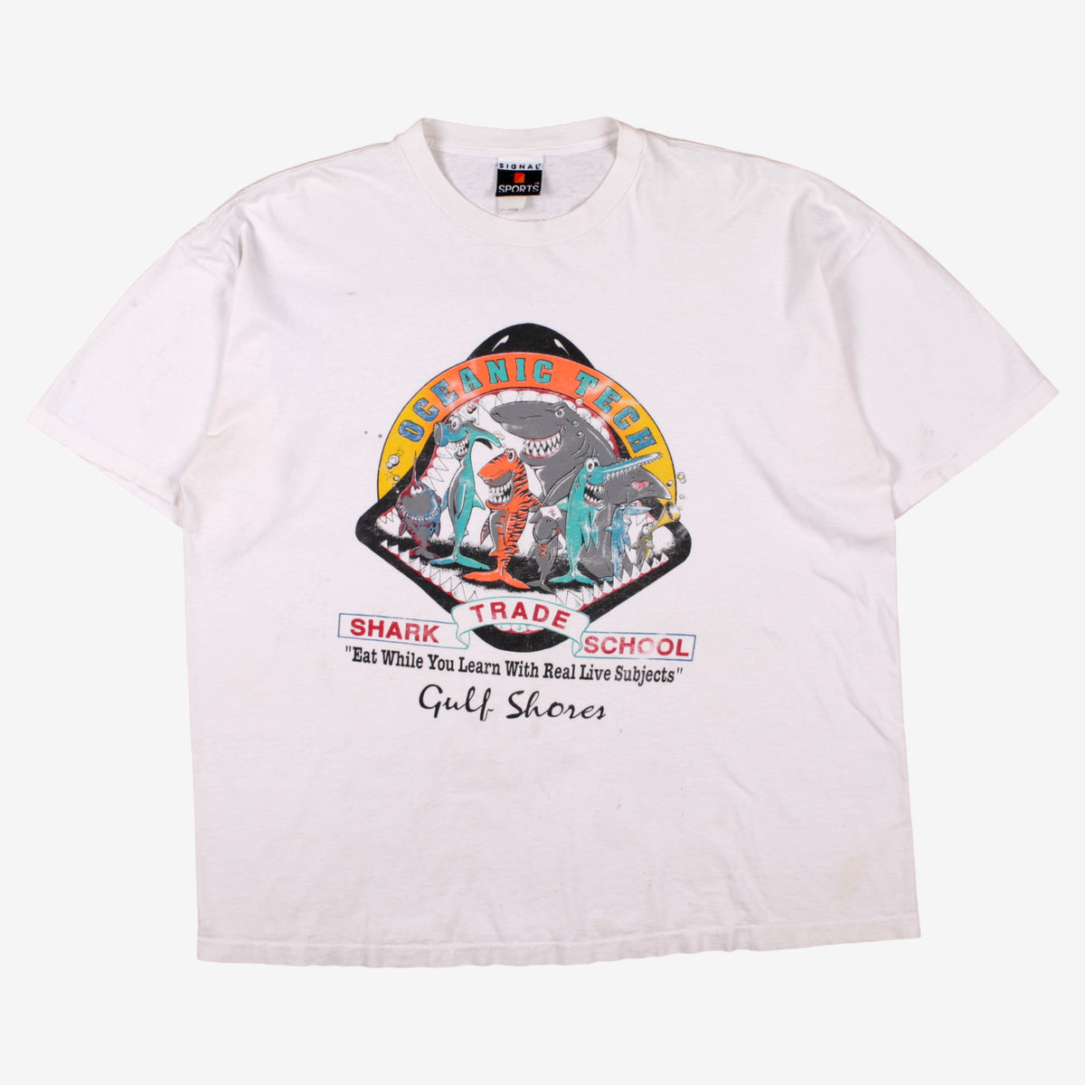 Vintage Signal Sports T-Shirt 2XL Mens 90s White Shark Ocean Beach Single Stitch