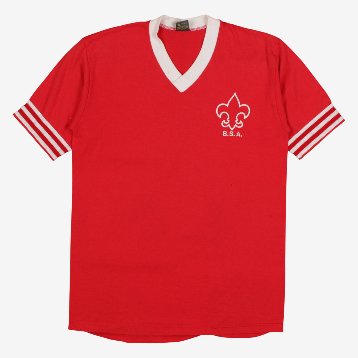 Vintage Jerzees BSA T-Shirt S Mens 80s Red Russell Graphic V-Neck Ringer Scouts