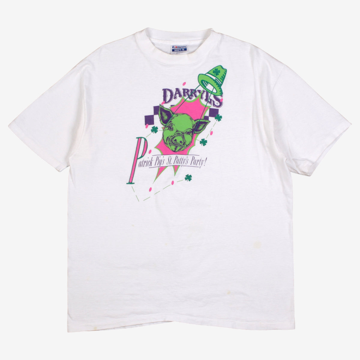 Vintage Hanes T-Shirt L Mens 90s White St Patricks Day USA Graphic Single Stitch