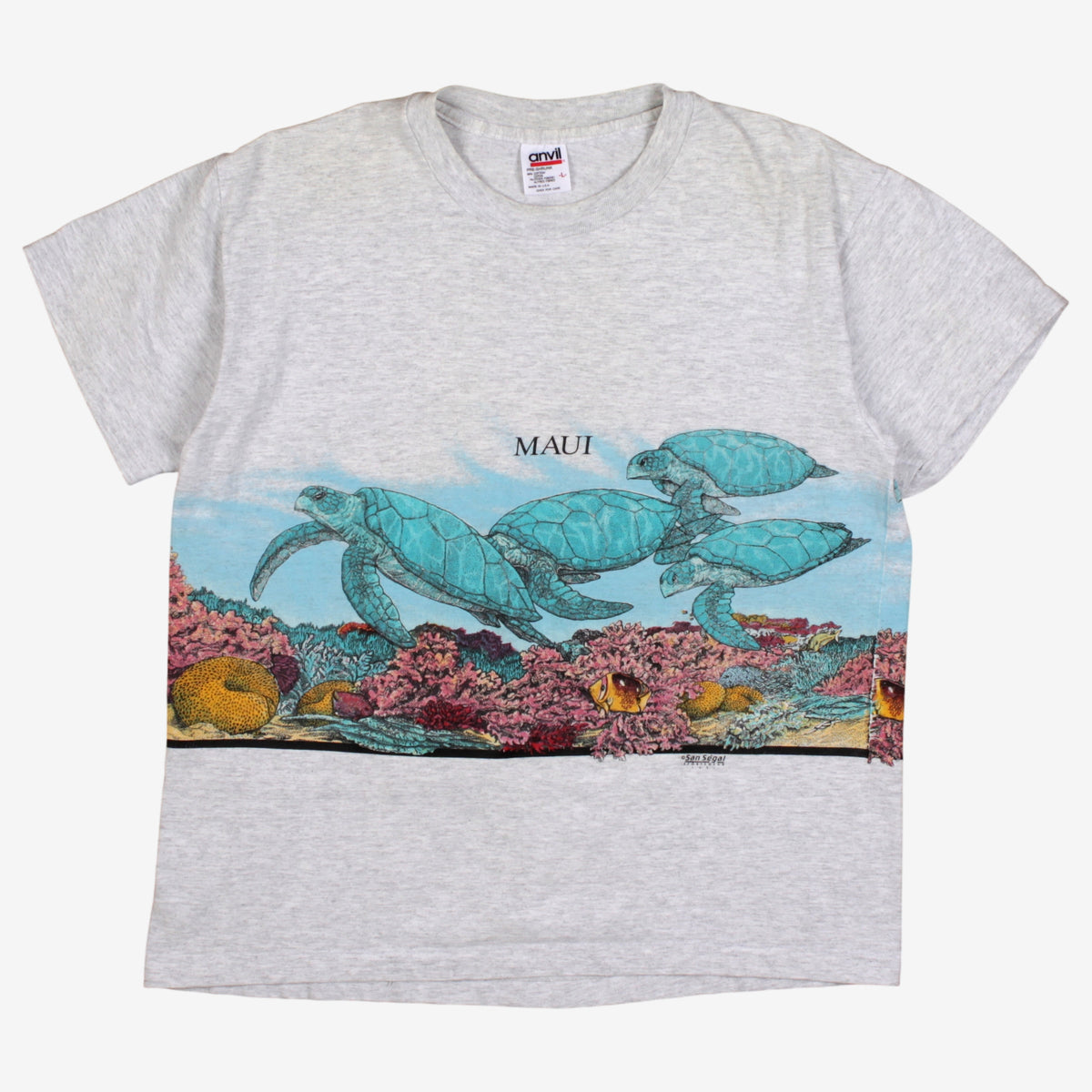 Vintage Anvil Graphic T-Shirt L Mens 90s Grey Maui Sea Turtle USA Single Stitch