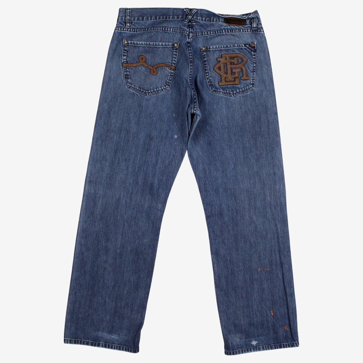 Lrg Baggy Embroidered Jeans 34x32 Mens Blue Y2k Dark Stonewash Denim