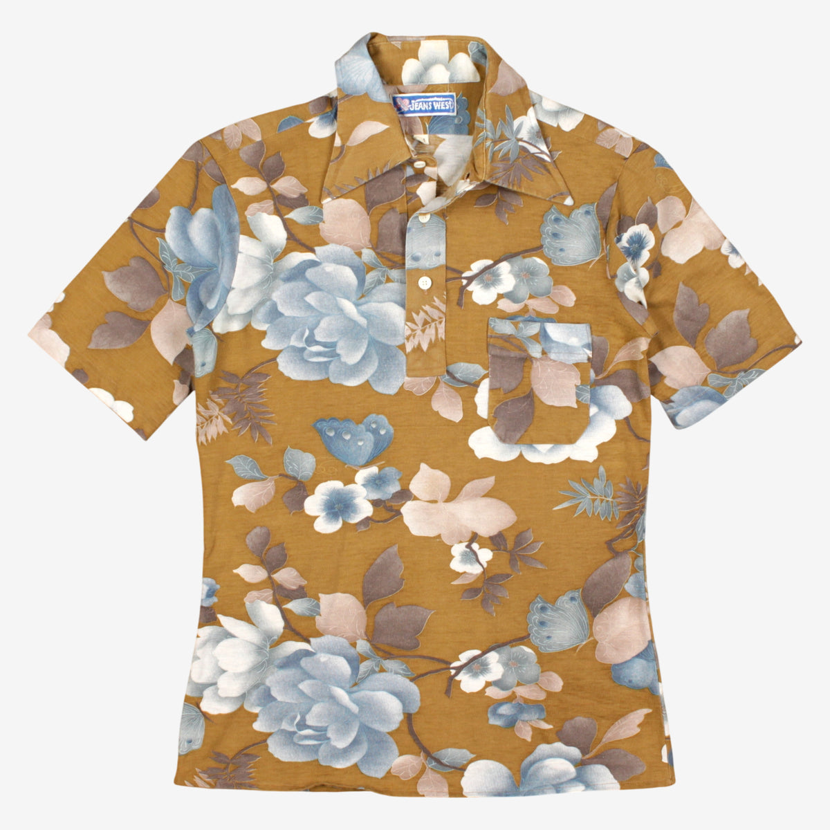 Vintage Jeans West Polo Shirt S Mens 70s Brown Floral Print Single Stitch