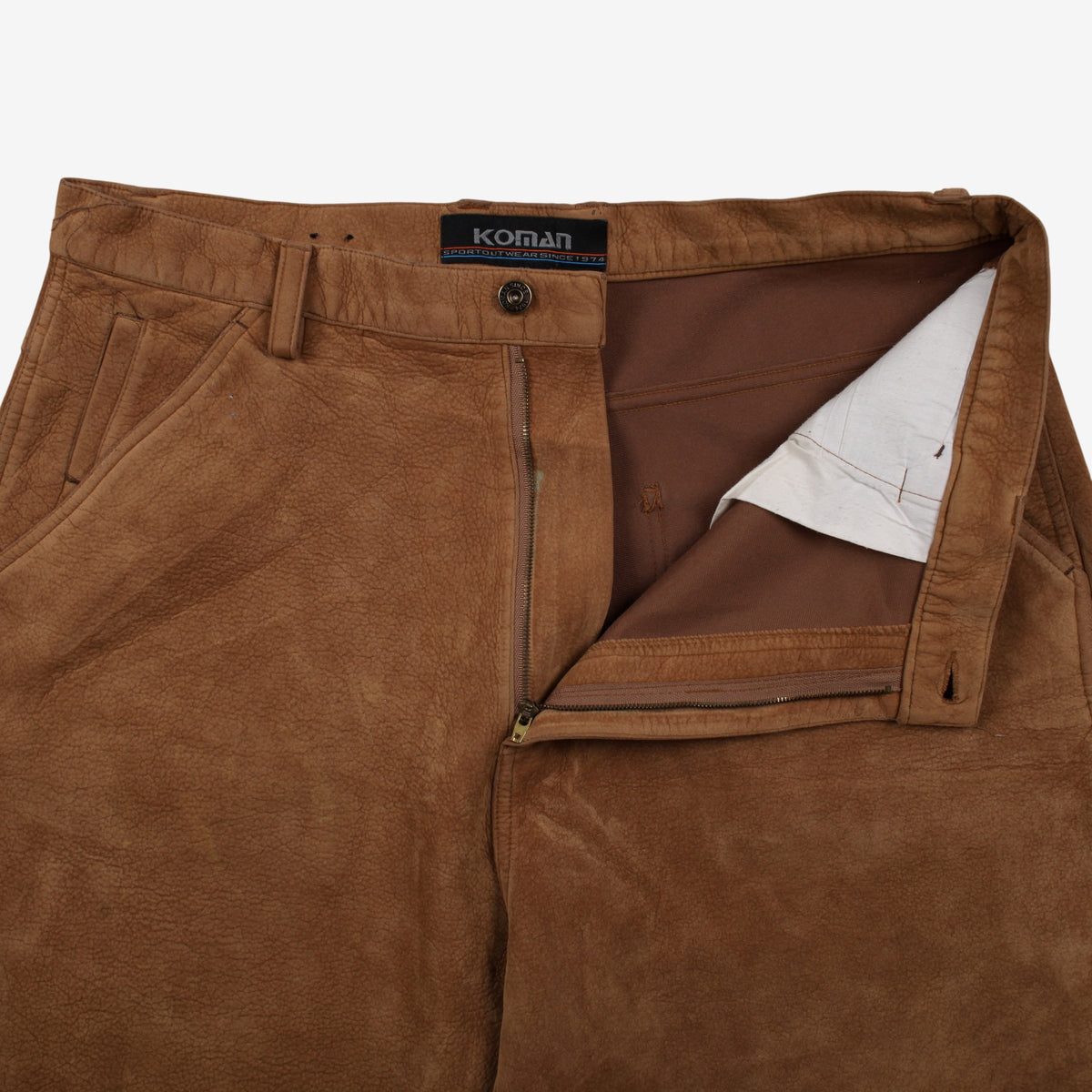 Vintage Koman Carpenter Trousers Pants 38x32 Mens Brown Straight Faux Suede