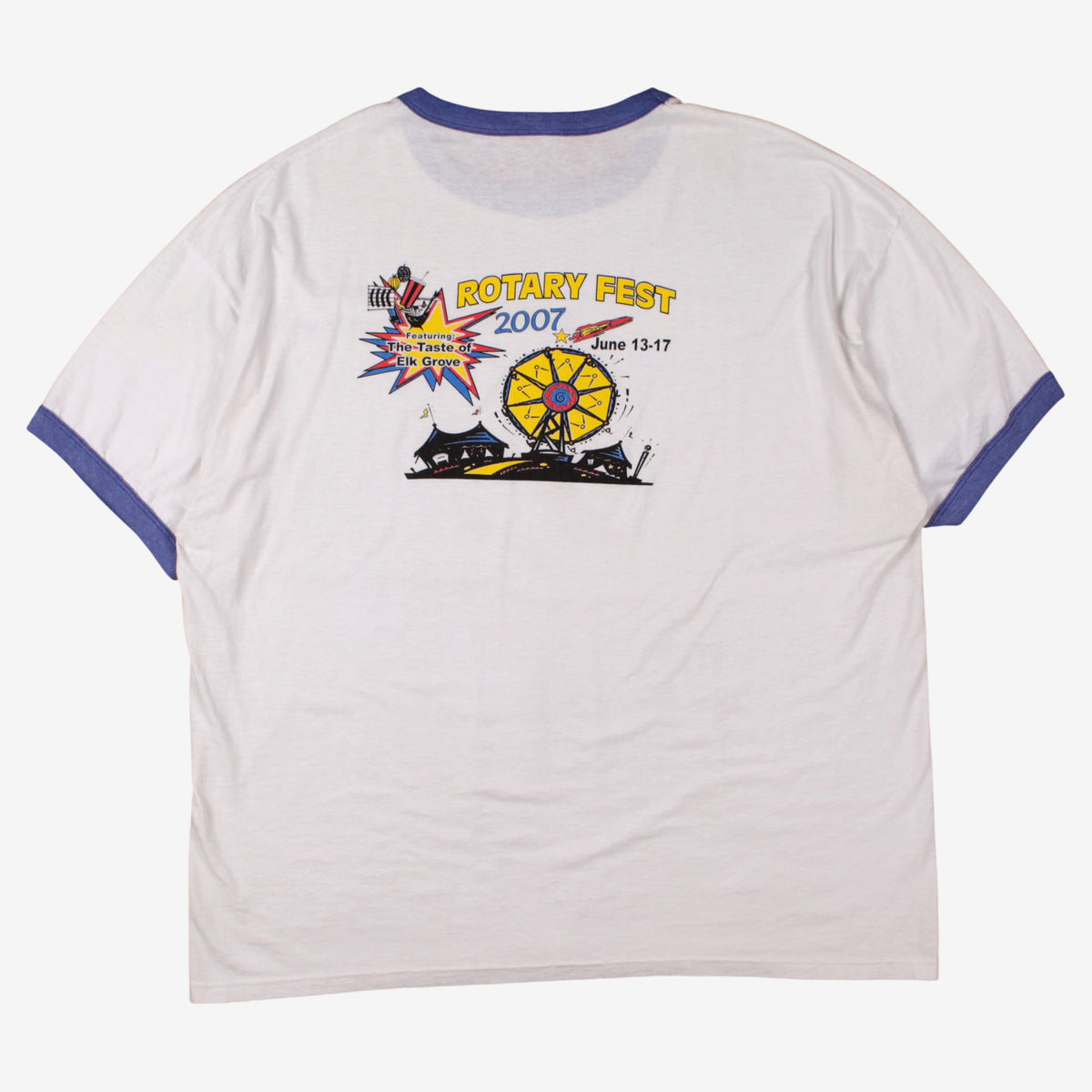 Vintage Ringer T-shirt 2XL Mens 00s 2007 Rotary Fest White Blue Festival Y2k