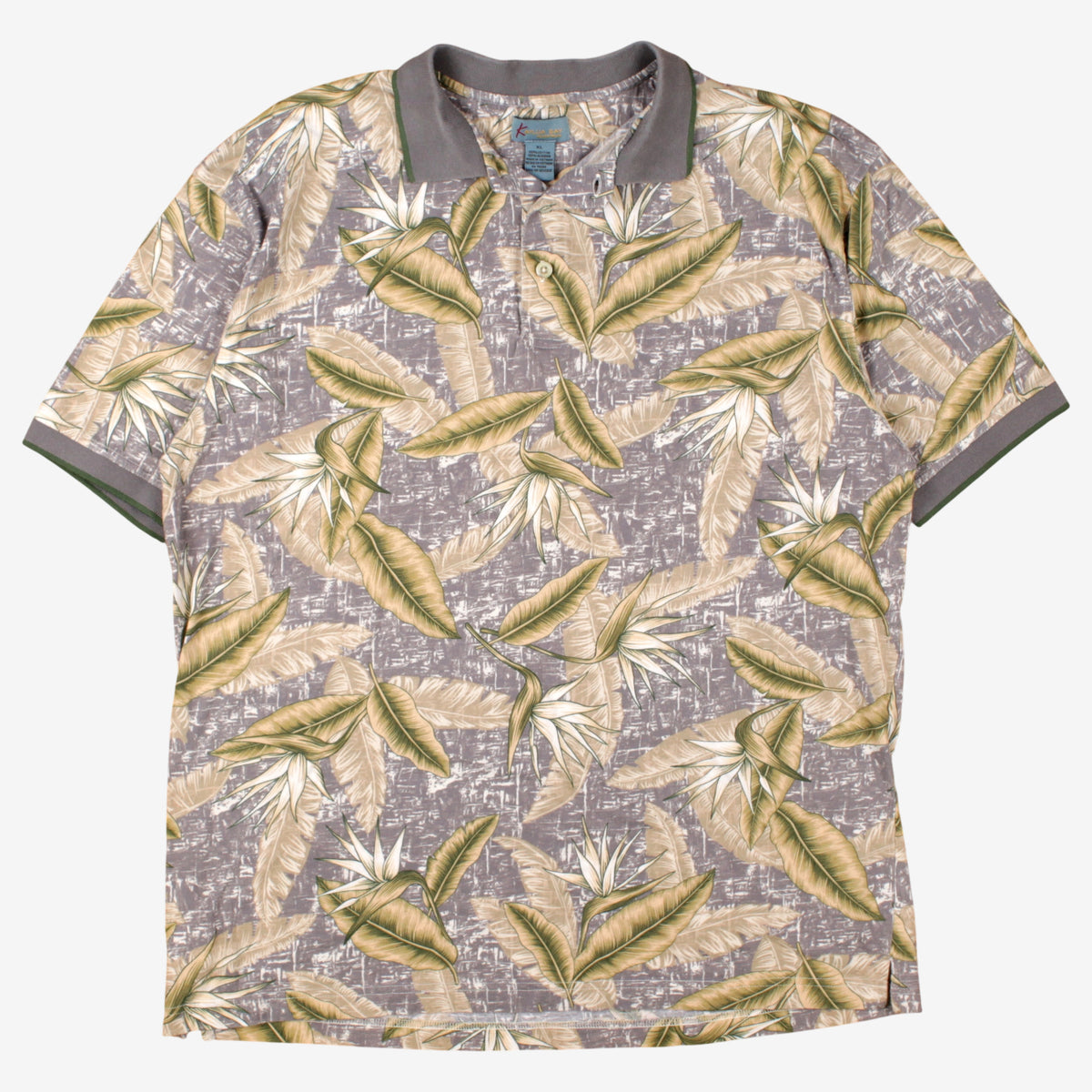 Kahlua Bay Polo Shirt XL Mens 00s Grey Tropical Floral Print 100% Cotton Surf
