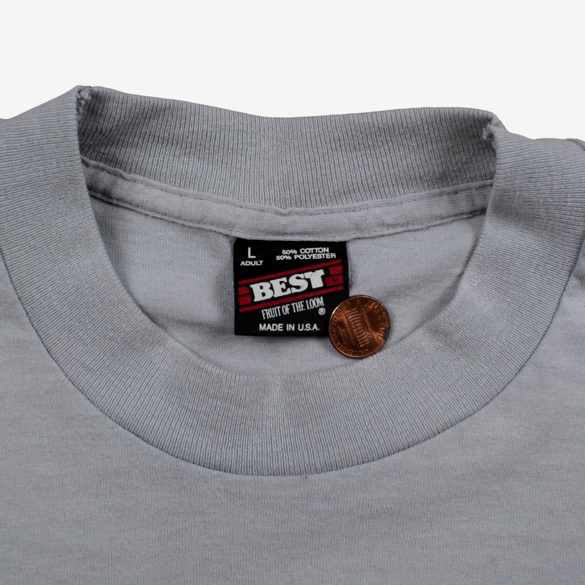 Vintage Fruit Of The Loom T-shirt L Mens 90s Grey Bank Graphic Single Stitch