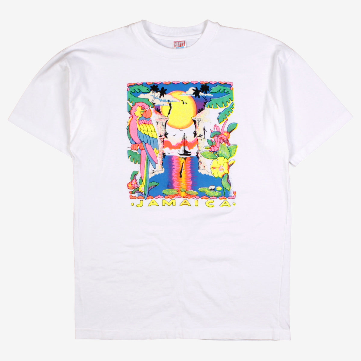 Vintage Hefty Sun Island T-shirt L Mens 80s Jamaica Graphic White Single Stitch