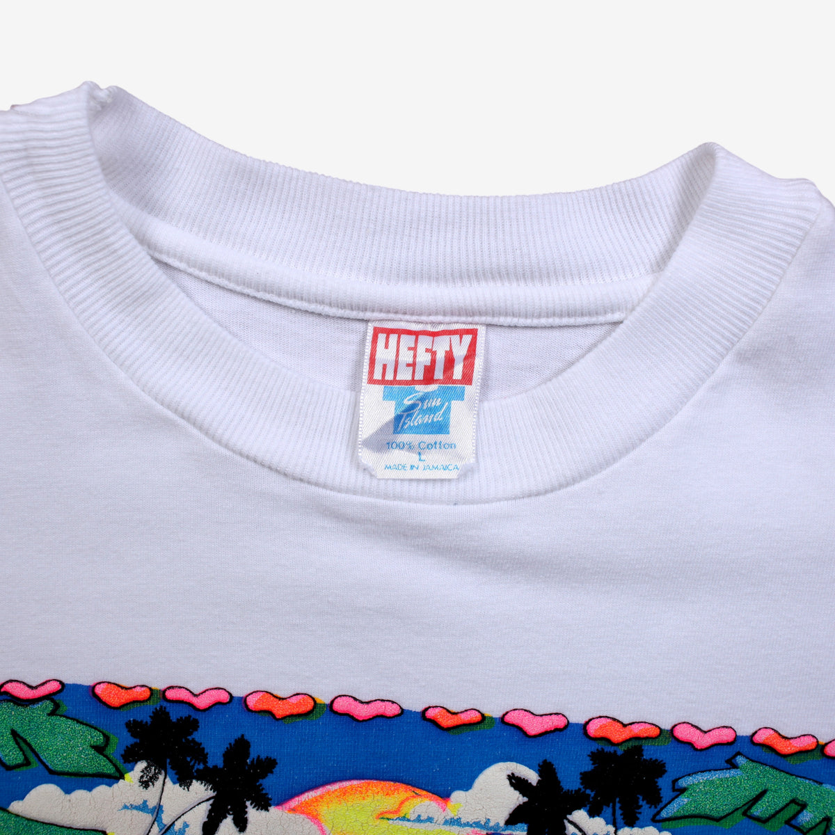Vintage Hefty Sun Island T-shirt L Mens 80s Jamaica Graphic White Single Stitch