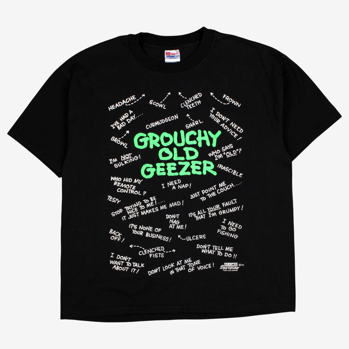 Vintage Hanes T-shirt XL Mens Black Grouchy Old Geezer Graphic Single Stitch