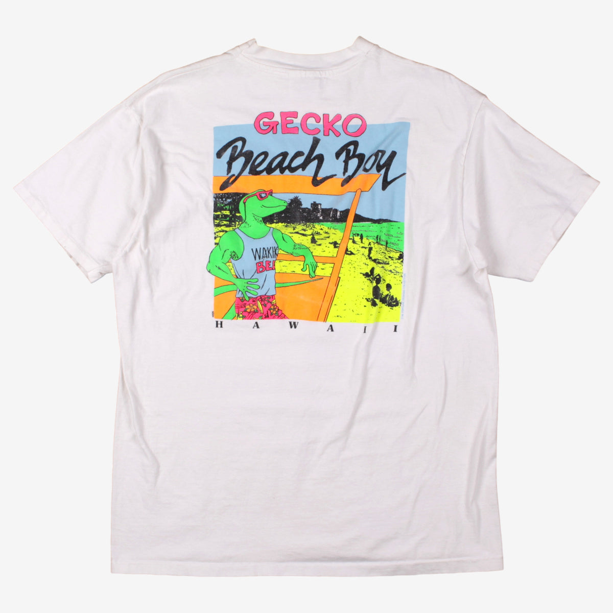 Vintage Hanes T-shirt L Mens 90s White Gecko Beach Boy Graphic USA Single Stitch