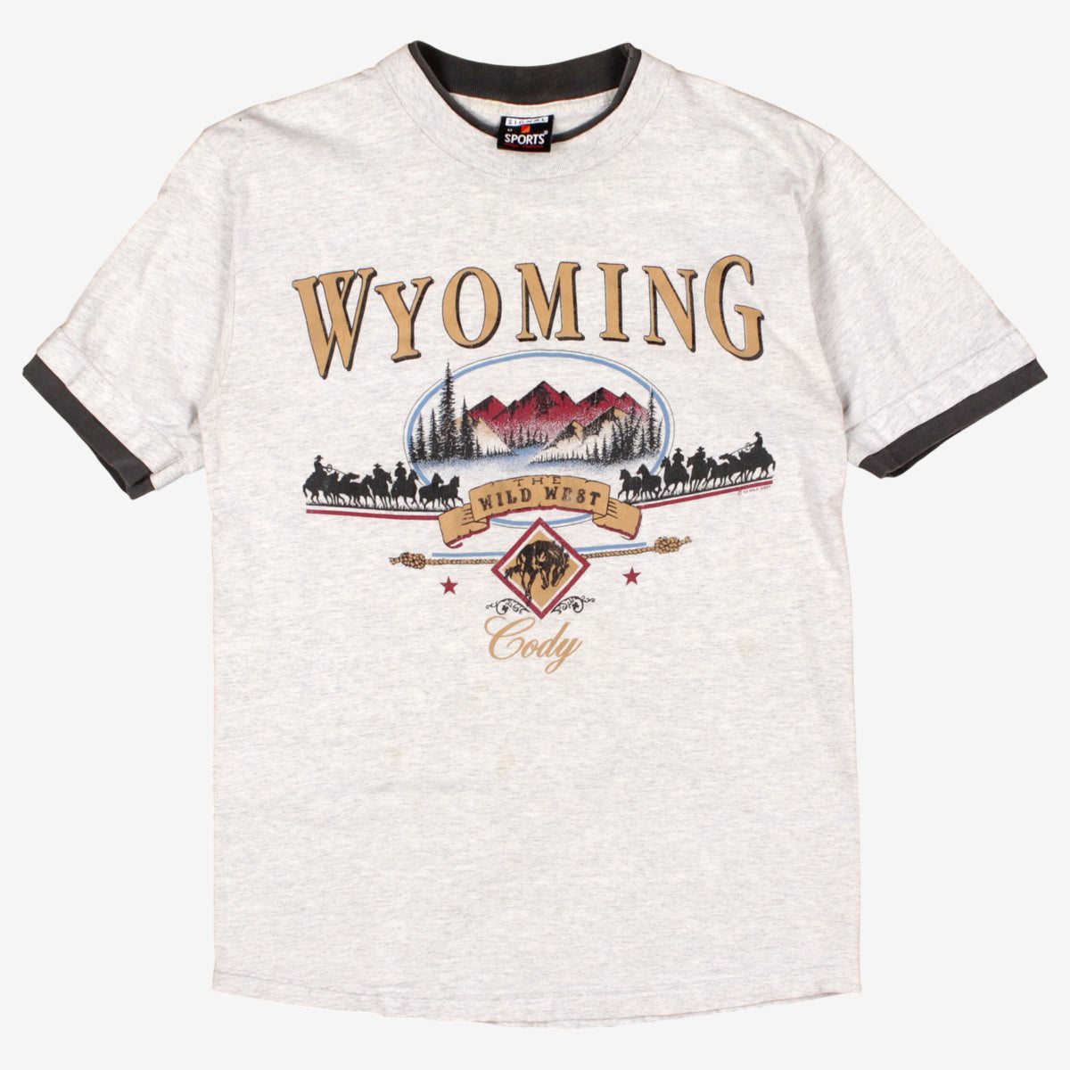 Vintage Signal Sports Ringer T-shirt M Mens 90s White Wyoming Wild West Graphic
