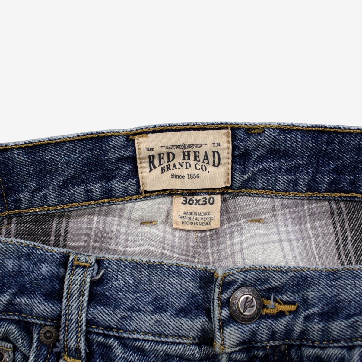 Red Head Plaid Lined Jeans 36x30 Blue Faded Medium Stonewash Button Fly Denim