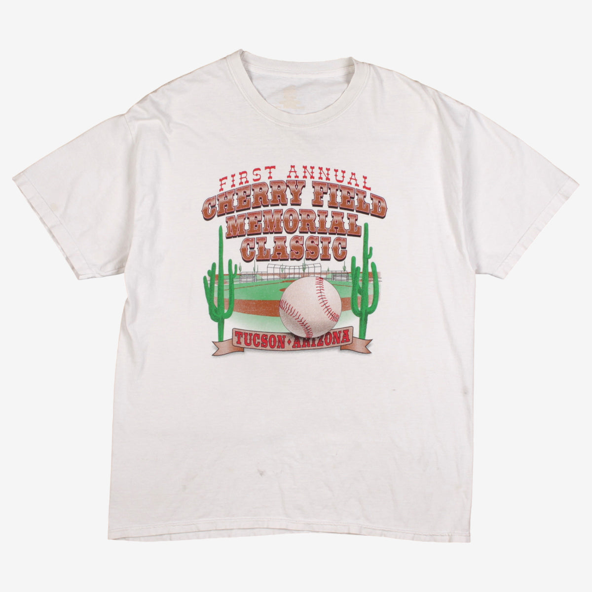 Vintage Baseball T-shirt L Mens White Cherry Field Memorial Graphic Tucson