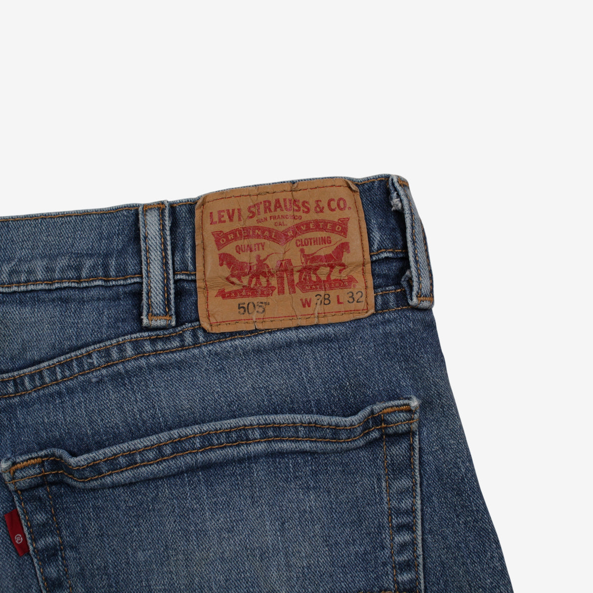 Levis 505 Jeans 38x32 Blue Regular Straight Faded Zip Red Tab Denim