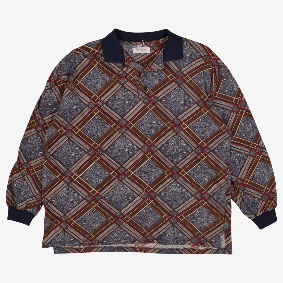 Vintage Sauce By Berne Polo Shirt L Mens 90s Blue Plaid Paisley Long Sleeve