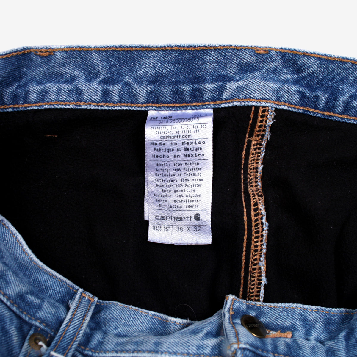 Carhartt Jeans 38x32 Blue Light Stonewash Fleece Lined Zip Fly Mid Rise Denim