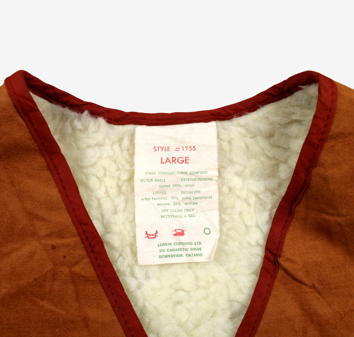 Vintage Lewein Clothing Ltd Lined Vest L Mens 70s Brown Cotton Sherpa Gilet