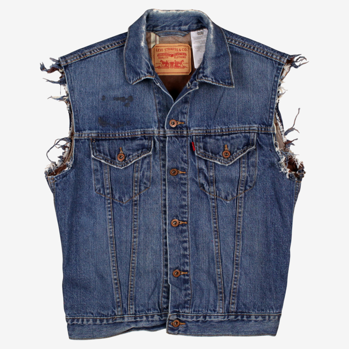 Levis Denim Vest M Mens Blue Plaid Lined Western Trucker Jacket Gilet Cut Off