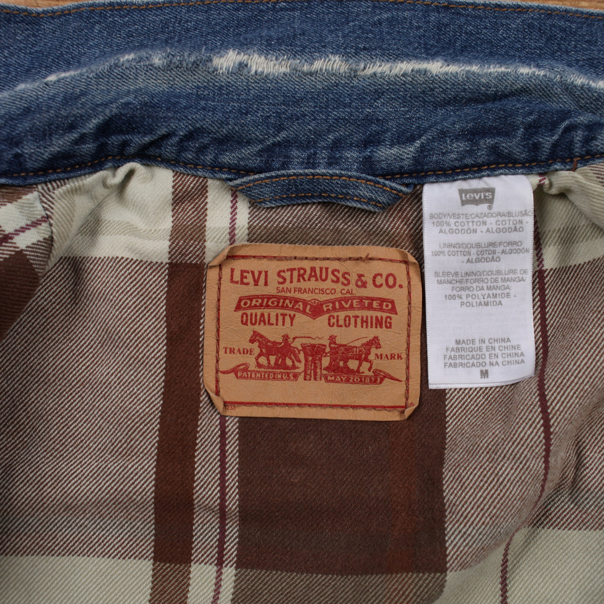 Levis Denim Vest M Mens Blue Plaid Lined Western Trucker Jacket Gilet Cut Off