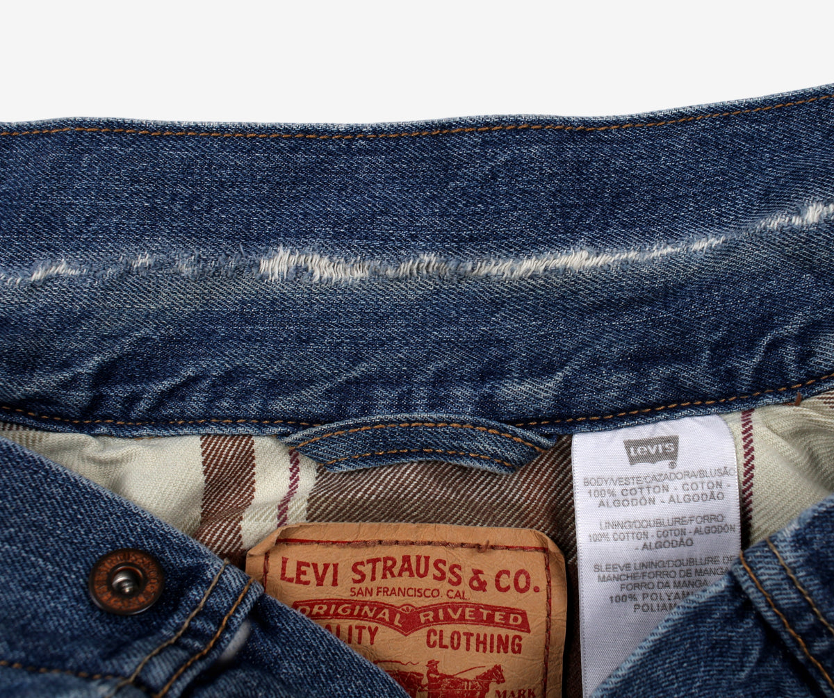Levis Denim Vest M Mens Blue Plaid Lined Western Trucker Jacket Gilet Cut Off
