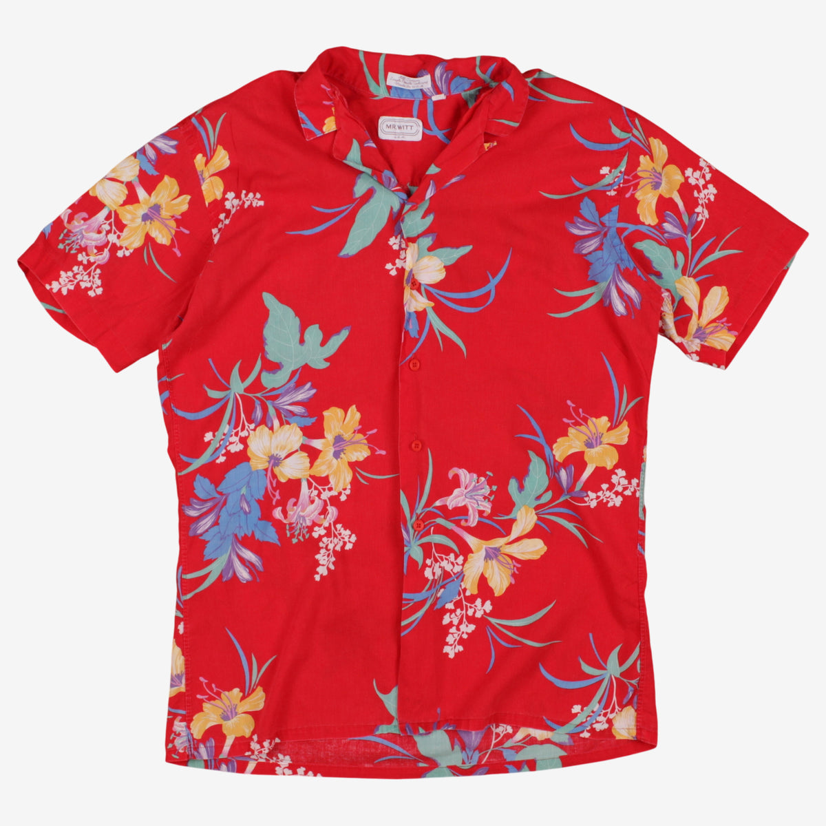 Vintage Mr Witt Hawaiian Shirt L Mens Button 90s Cotton Floral Red