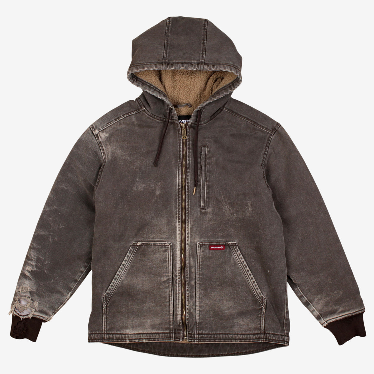 Wolverine Jacket M Mens Brown Canvas Hooded Full Zip Sherpa Lined Utility Active