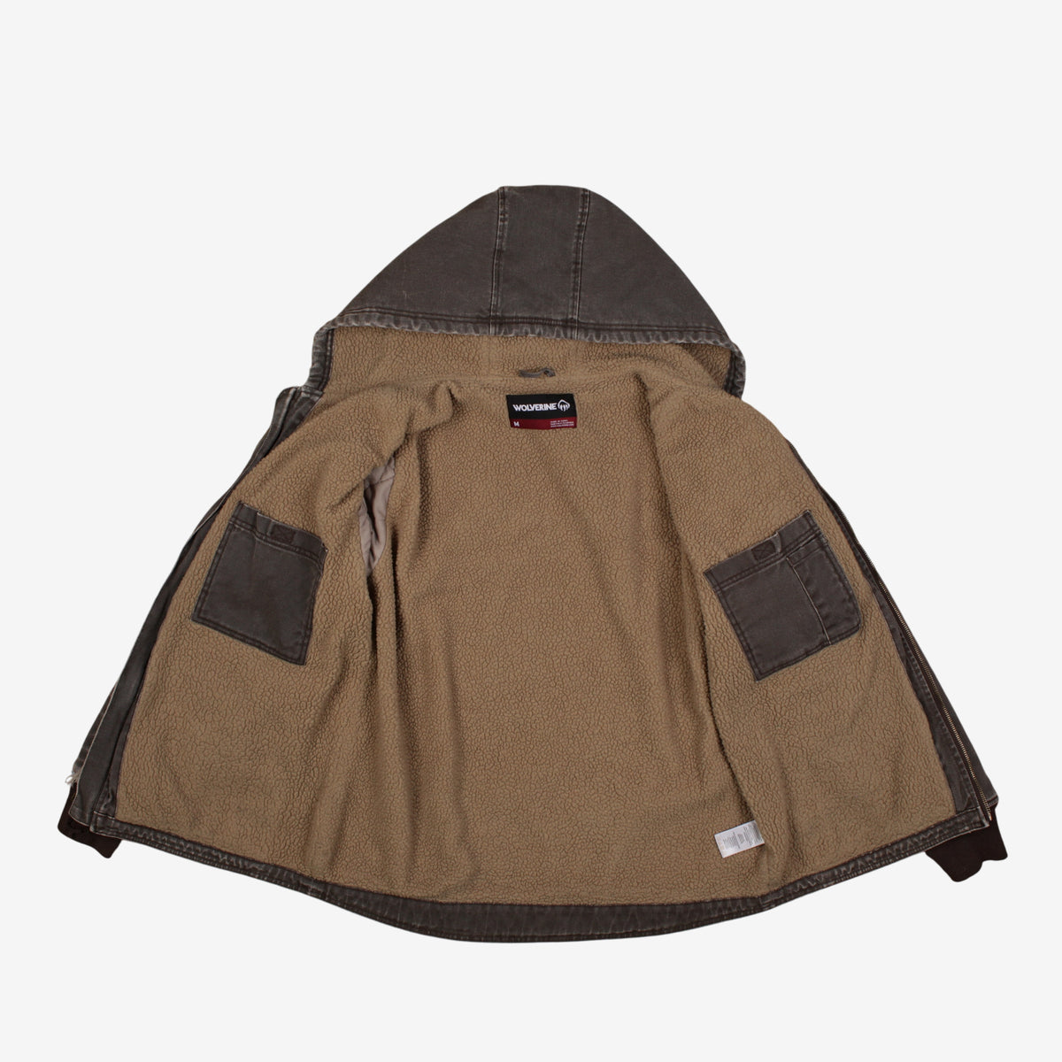 Wolverine Jacket M Mens Brown Canvas Hooded Full Zip Sherpa Lined Utility Active