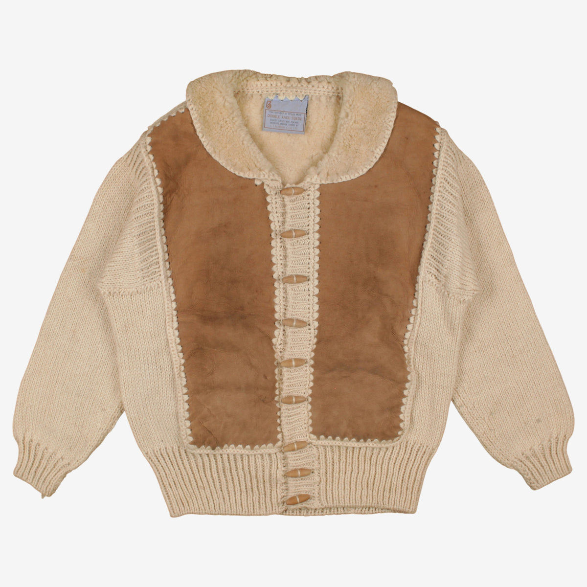 Vintage Bowron Cardigan L Mens 90s Wool Blend Shearling Suede Panels Brown Knit