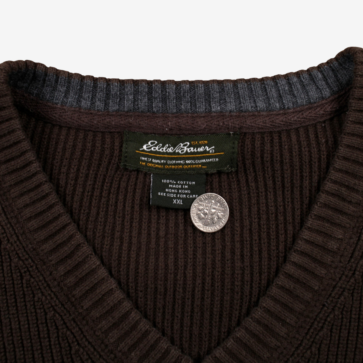 Eddie Bauer Sweater Jumper 2XL Mens Cotton V-neck Ribbed Outdoor Brown Knit