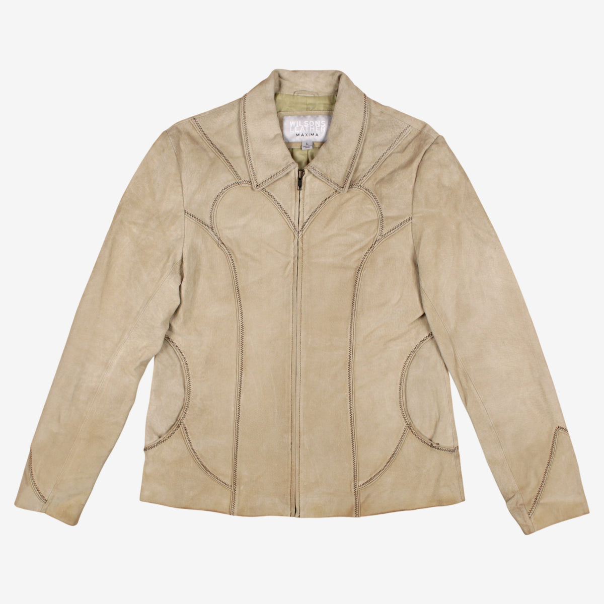 Wilsons Leather Maxima Jacket L Womens Beige Suede Moto Western Contrast Stitch