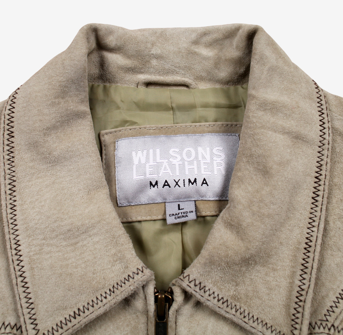Wilsons Leather Maxima Jacket L Womens Beige Suede Moto Western Contrast Stitch