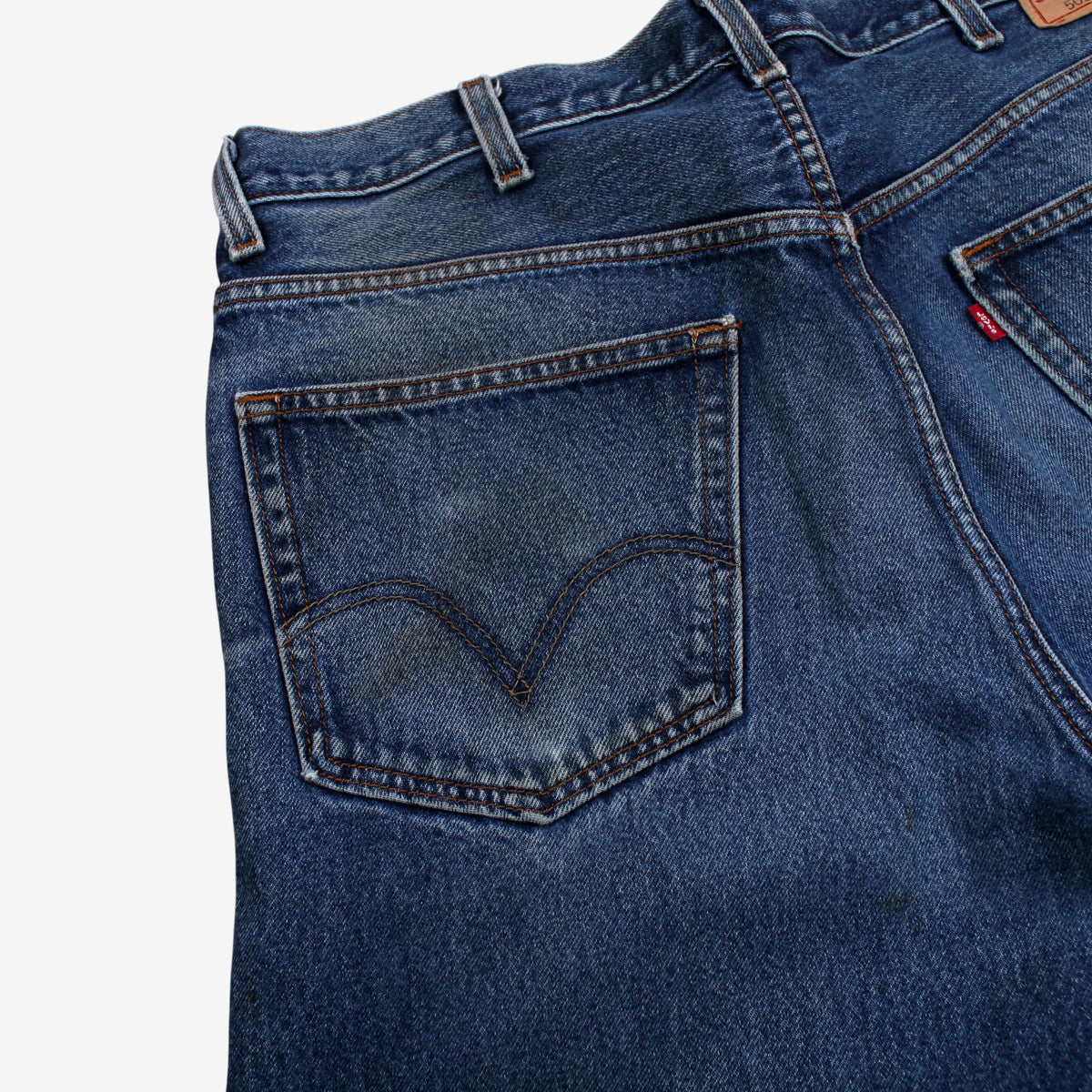 Levis 505 Jeans 38x32 Blue Regular Straight Faded Zip Fly Red Tab Classic Denim