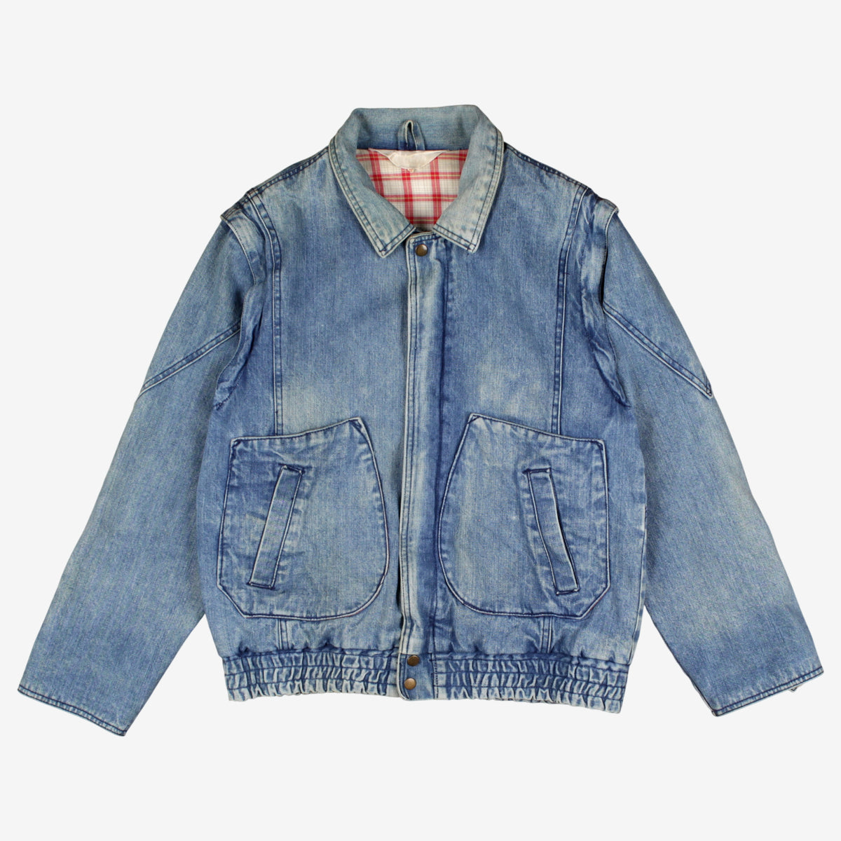 Vintage Denim Bomber Jacket S Mens 80s Blue Plaid Lined Workwear D Pocket
