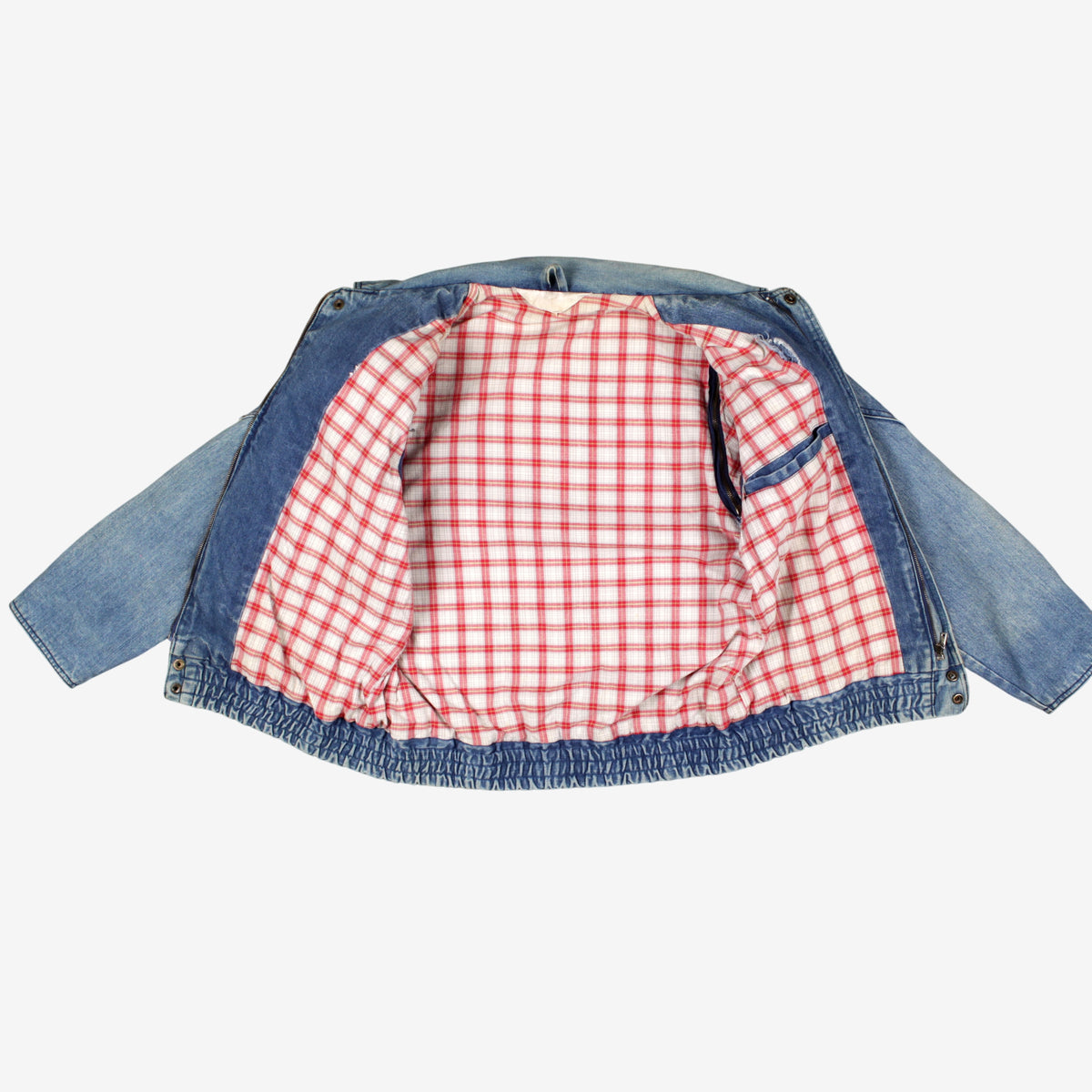 Vintage Denim Bomber Jacket S Mens 80s Blue Plaid Lined Workwear D Pocket