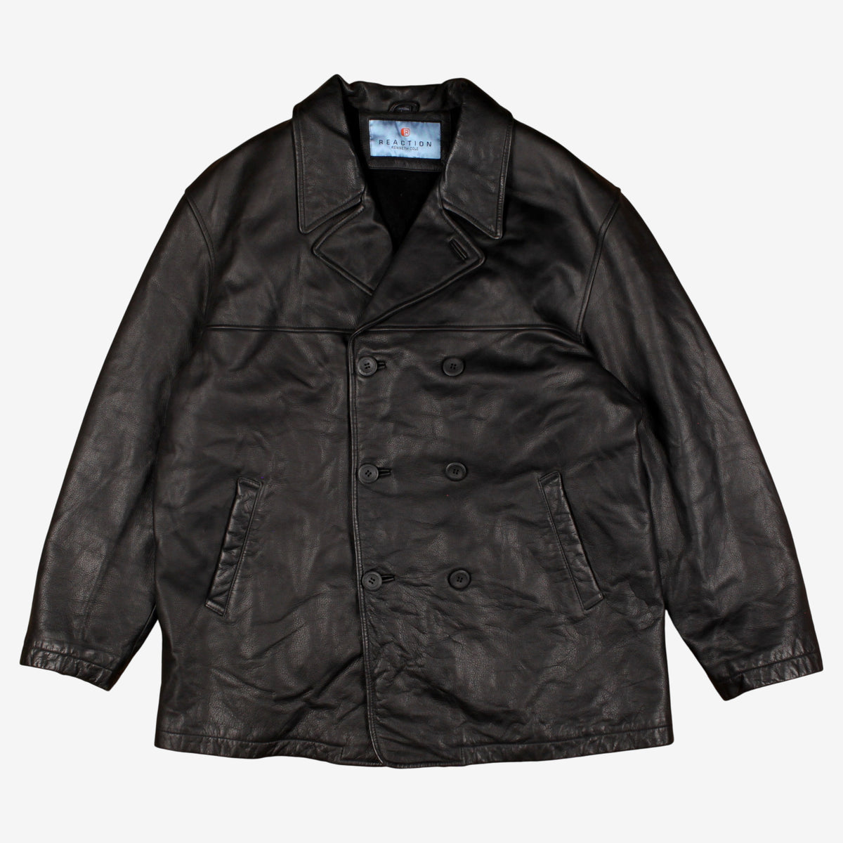 Reaction Kenneth Cole Leather Pea Coat Jacket L Mens Black Lined Double Breasted