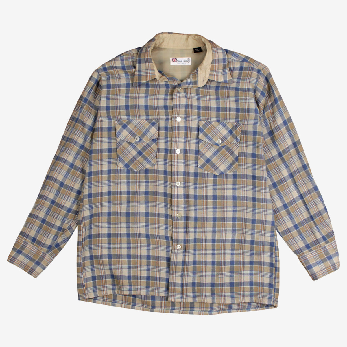 Vintage Royal Knight Shirt L Mens Button 80s Acrylic Plaid Lumberjack Blue