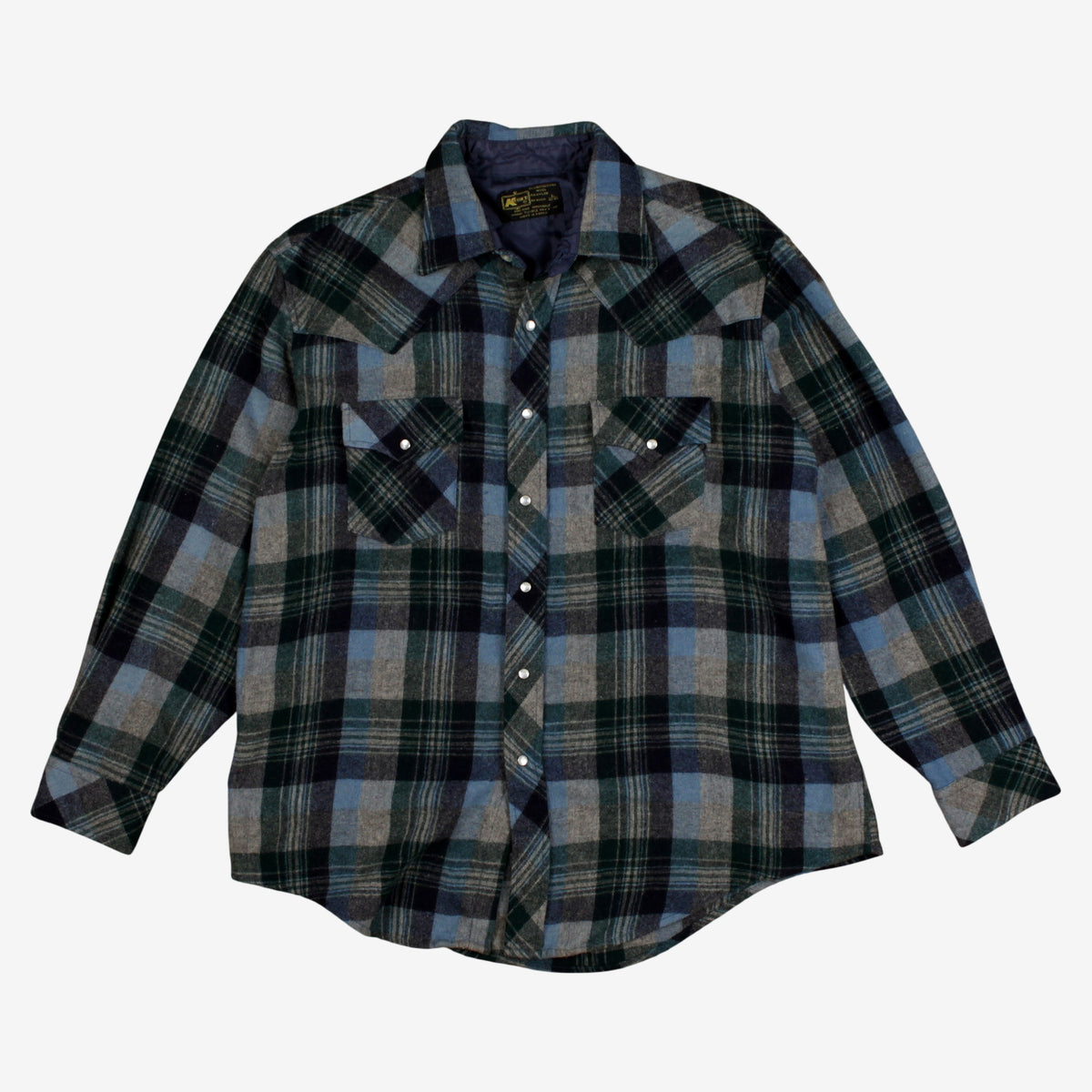 Vintage K Mart Western Flannel Shirt L Mens 80s Pearl Snap Plaid Blue